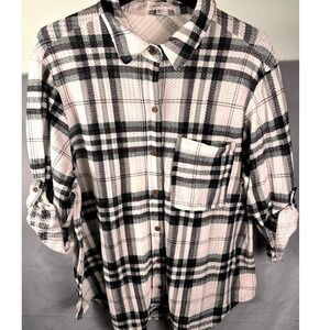 Eden & Olivia Wmns 2X Black Wht Green Plaid Flannel L/S Roll-Tab Top Boyfriend